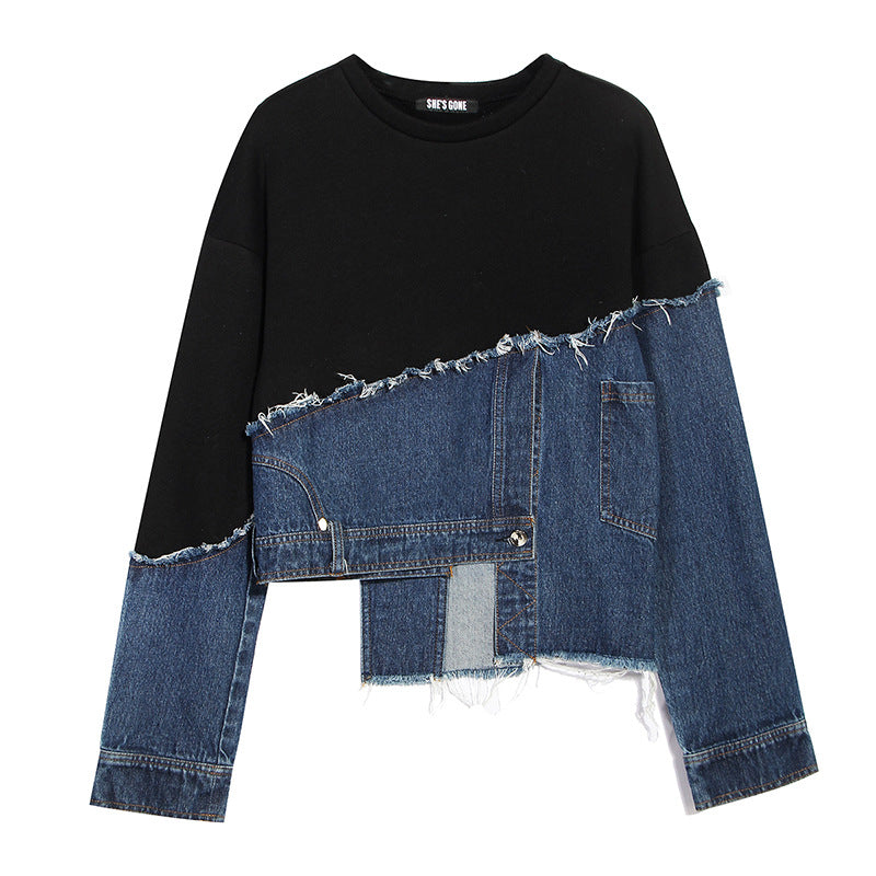 Women's Personality Asymmetric Washed Denim Stitching Loose Sweaters