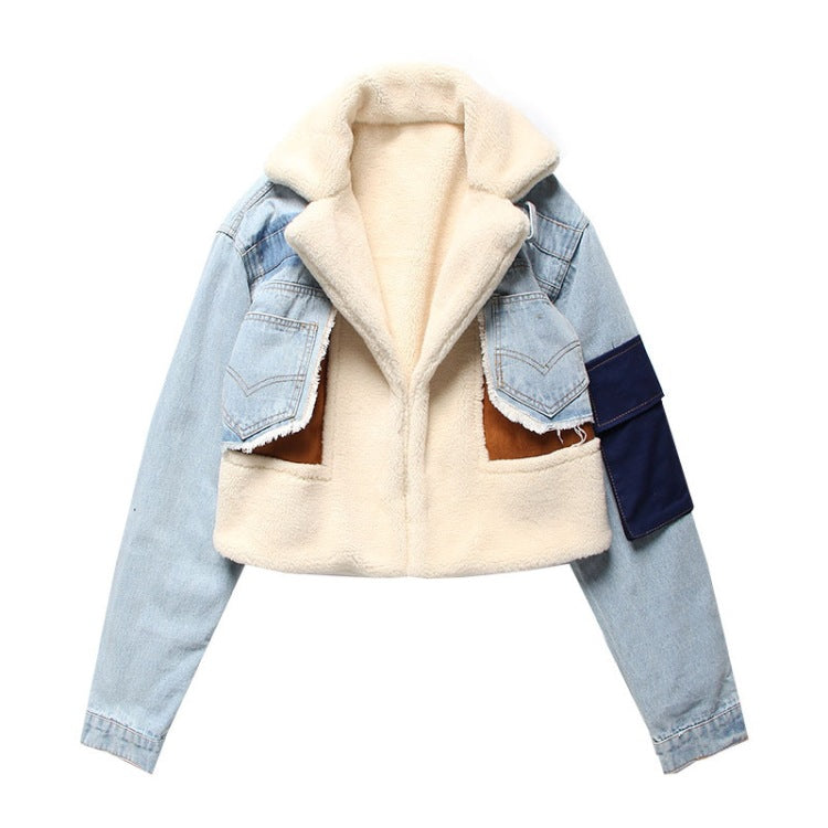 Women's Padded Denim Splicing Winter Lamb Wool Jackets