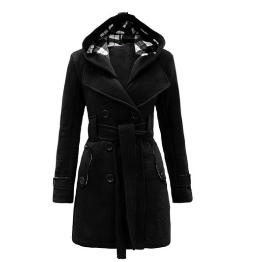 Plaid Hooded Woolen Belt Double-breasted Mid-length Coats