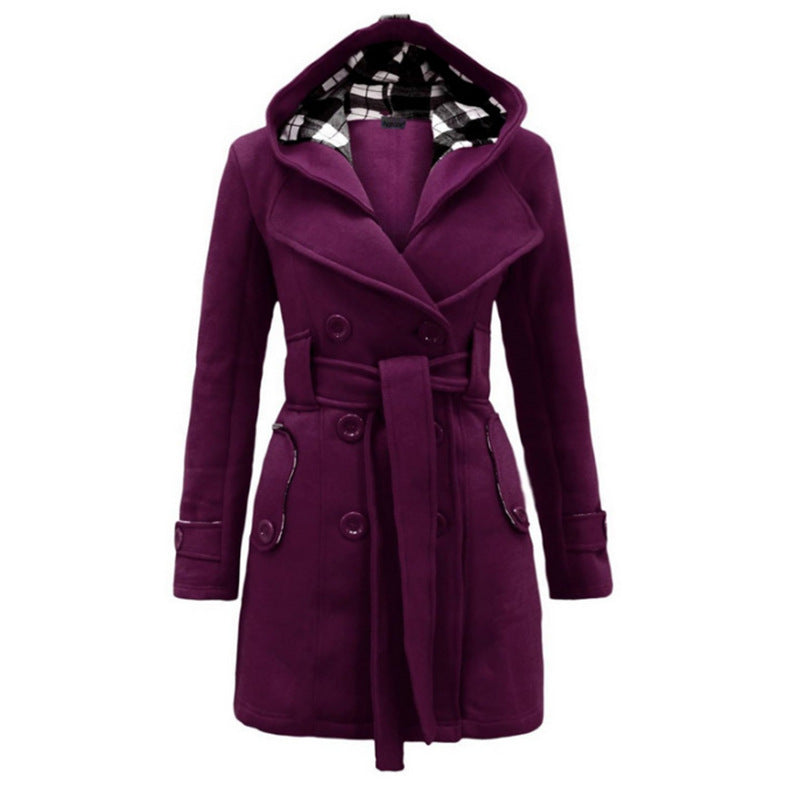 Plaid Hooded Woolen Belt Double-breasted Mid-length Coats