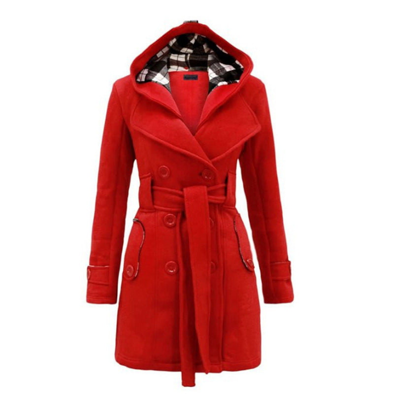 Plaid Hooded Woolen Belt Double-breasted Mid-length Coats