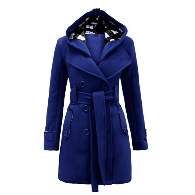 Plaid Hooded Woolen Belt Double-breasted Mid-length Coats
