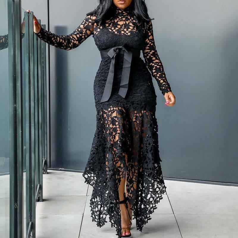 Women's Long Sleeve Stand-up Collar Tie Color Dresses