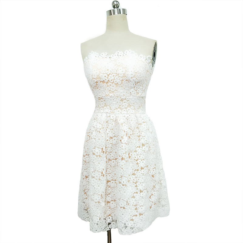 Women's White Floral Wrapped Chest Bridesmaid Puffy Dresses