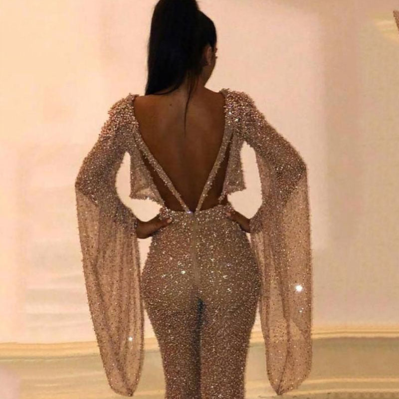 Women's Fake Two-piece Sexy Long-sleeved Backless Siamese Pants