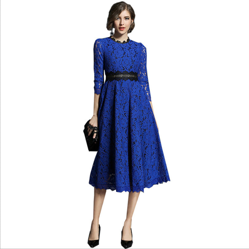Women's Out Stitching Lace Dress Female Mid-length Dresses