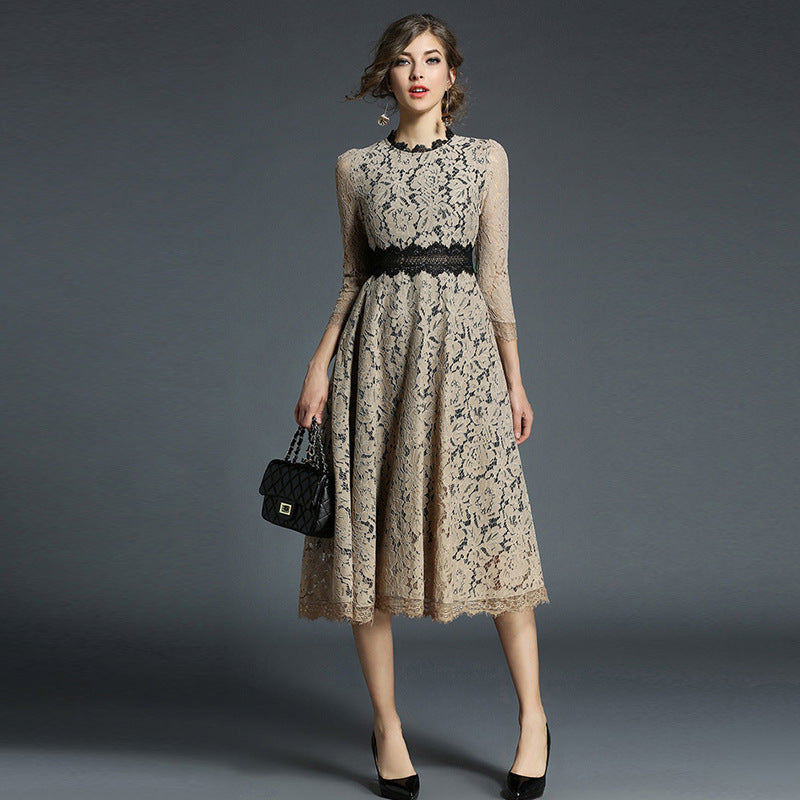 Women's Out Stitching Lace Dress Female Mid-length Dresses