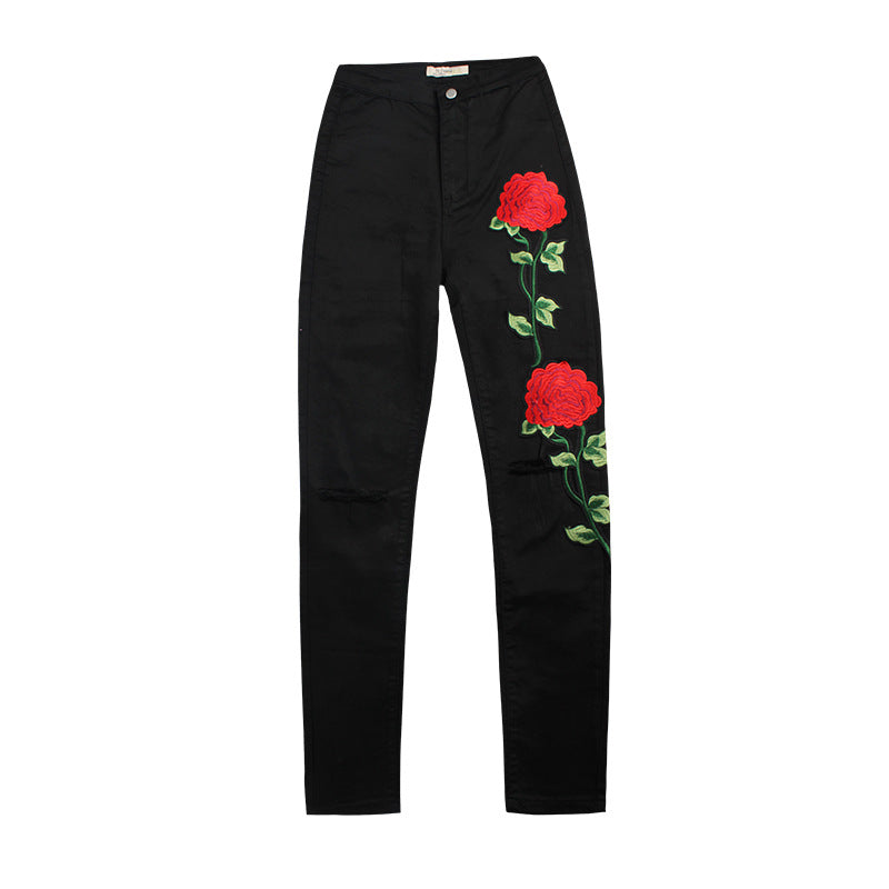 Women's European Three-dimensional Embroidery Trousers Black Skinny Jeans