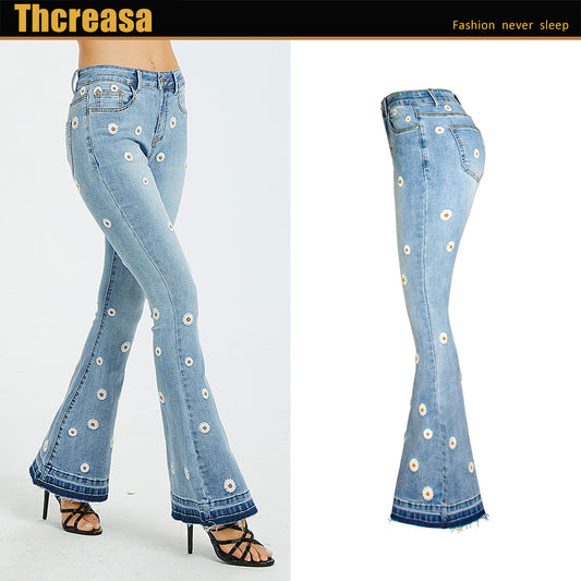 Women's Glamorous Fashion Embroidered Horn Daisy Jeans