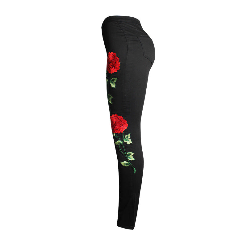 Women's European Three-dimensional Embroidery Trousers Black Skinny Jeans
