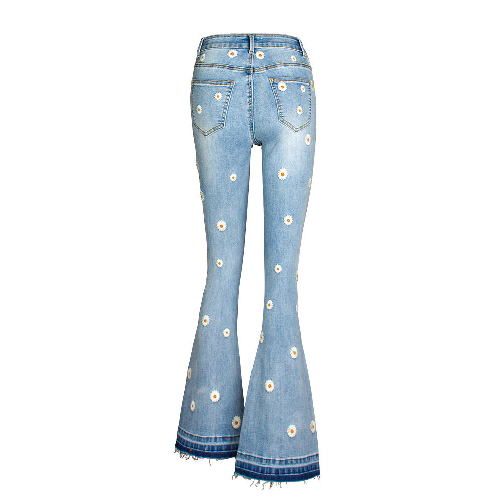 Women's Glamorous Fashion Embroidered Horn Daisy Jeans