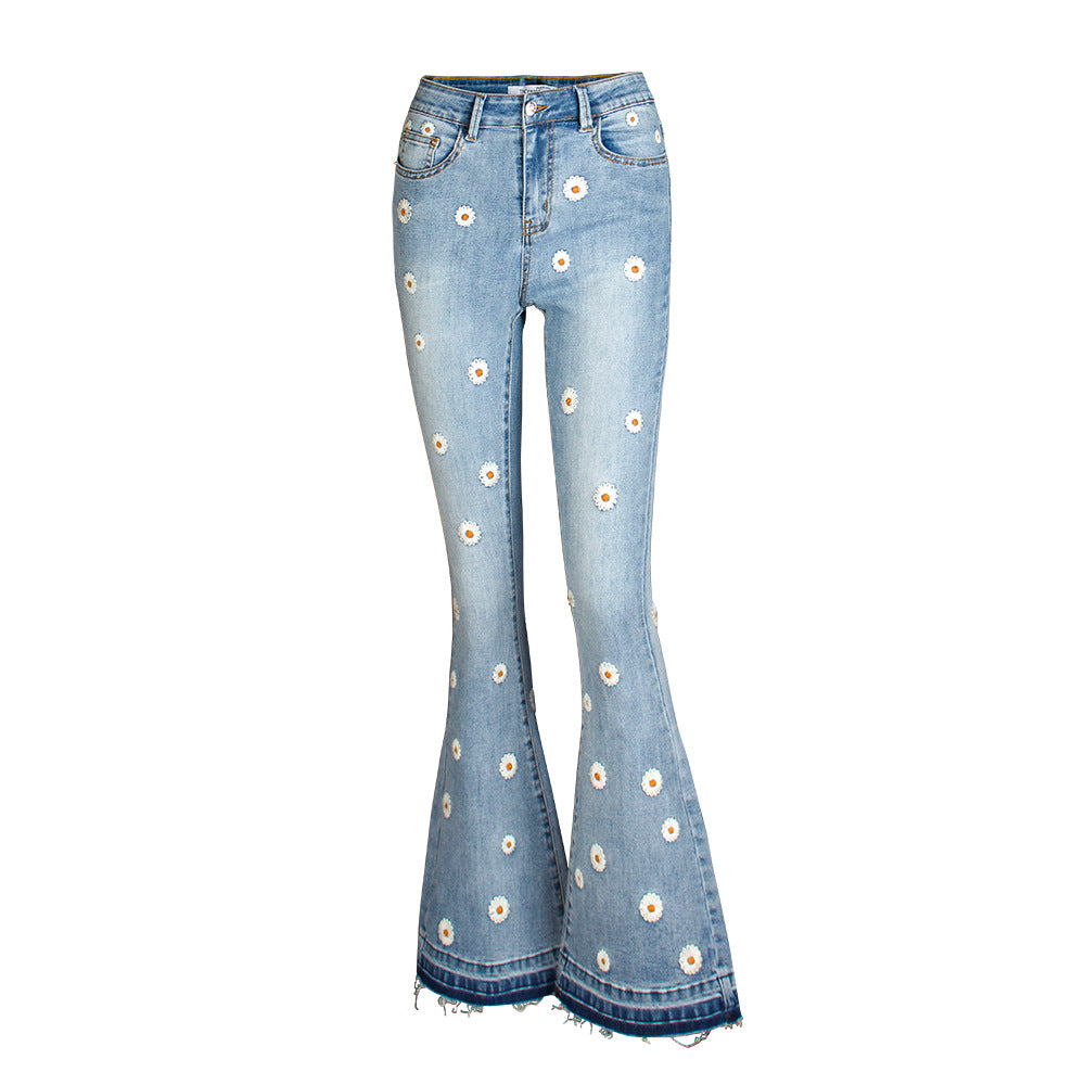 Women's Glamorous Fashion Embroidered Horn Daisy Jeans