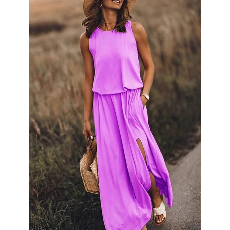Women's Summer Simple Comfortable Round Neck Sleeveless Split Dresses