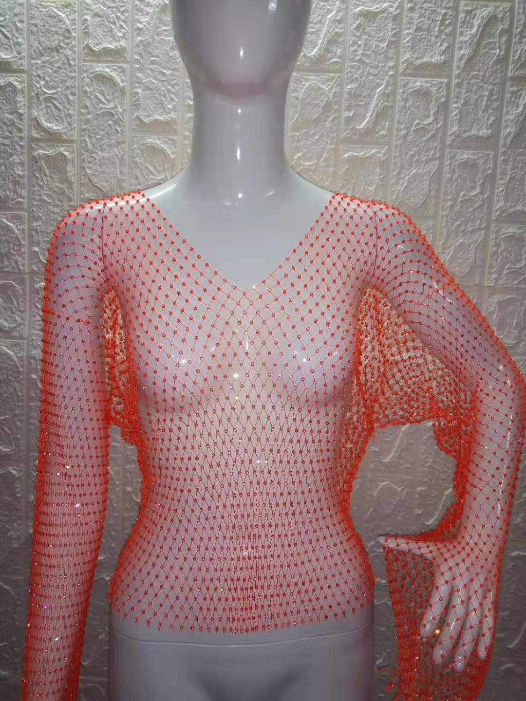 Women's Transparent Sexy Nightclub Grid Rhinestone Round Neck Blouses