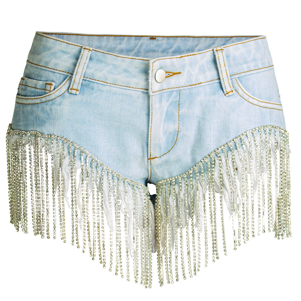 Women's Disco Summer Nightclub Tassel Crystal Chain Hip Jeans