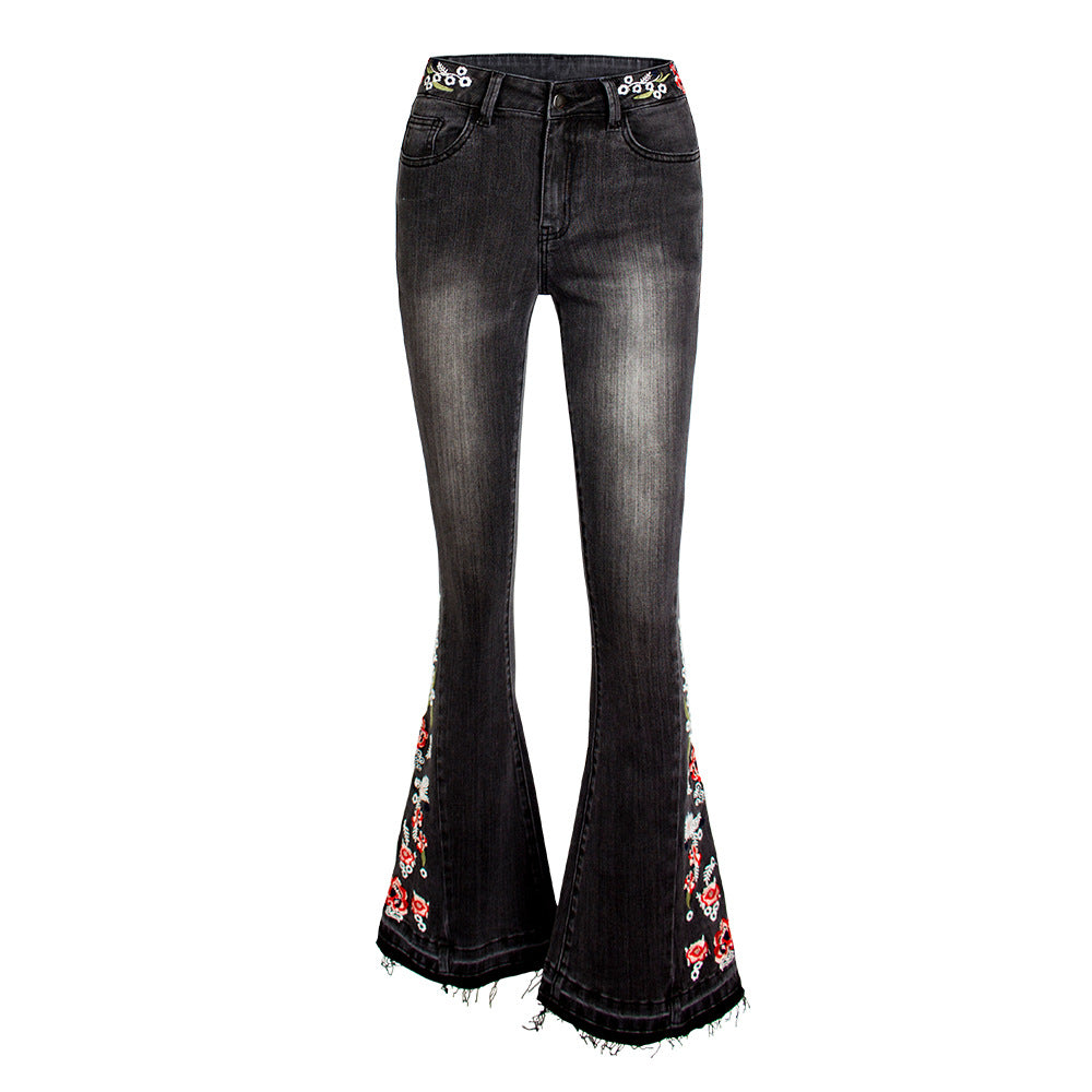 Women's Stretch Embroidery Flower Bell-bottom Black Trousers Jeans