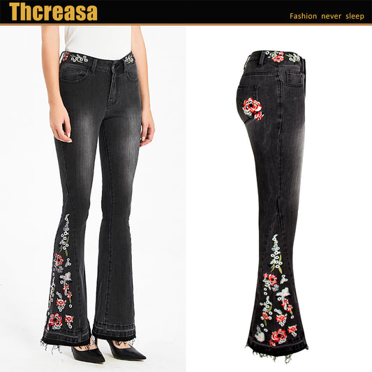Women's Stretch Embroidery Flower Bell-bottom Black Trousers Jeans