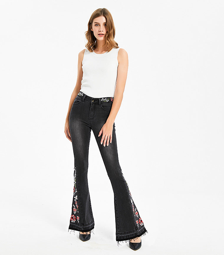 Women's Stretch Embroidery Flower Bell-bottom Black Trousers Jeans