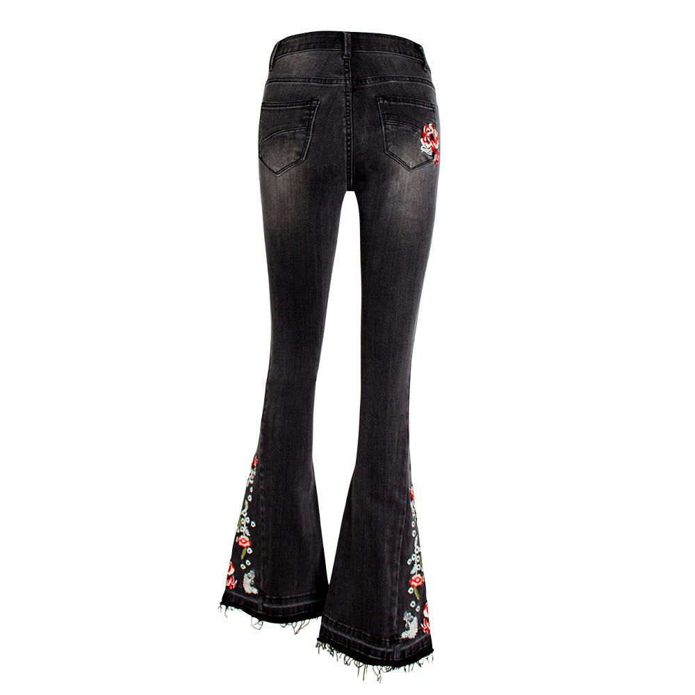 Women's Stretch Embroidery Flower Bell-bottom Black Trousers Jeans
