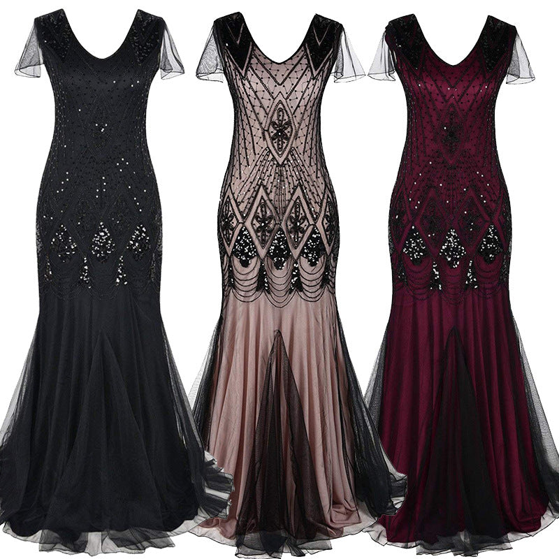 Women's Vintage Sequined Dress Banquet Party Long Wedding Dresses