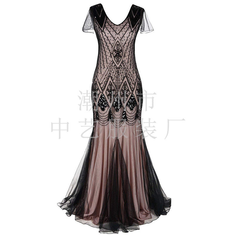Women's Vintage Sequined Dress Banquet Party Long Wedding Dresses