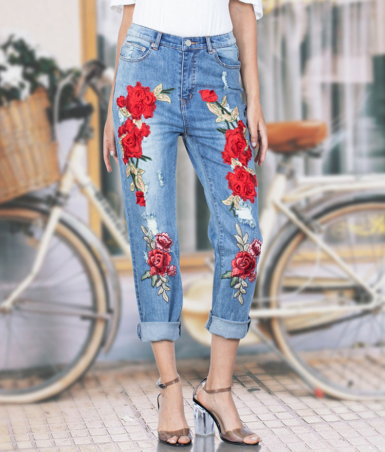 Women's Loose Elastic Trousers Colorful Flower Three-dimensional Jeans