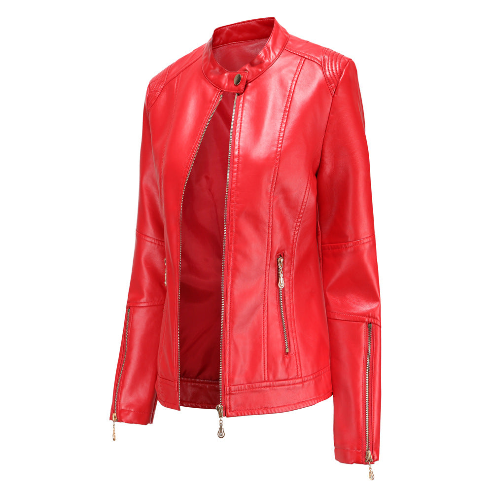Women's Fashion Leather Stand Collar Thin Dark Jackets