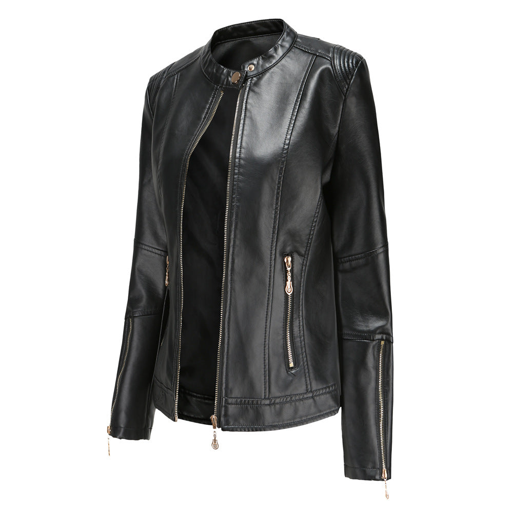 Women's Fashion Leather Stand Collar Thin Dark Jackets