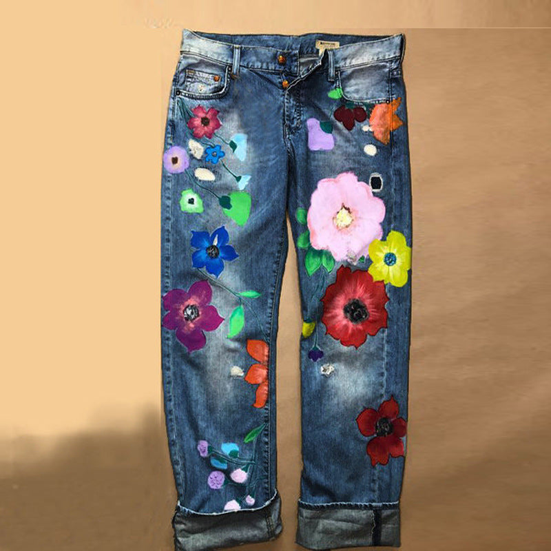Women's Quality Blockbusters Exquisite Printing Denim Straight Go Out Jeans
