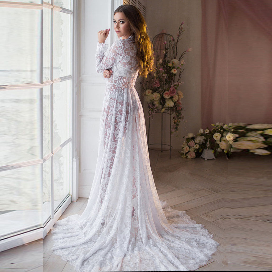 Sexy Deep Long Sleeve Lace Tight Wedding Dresses