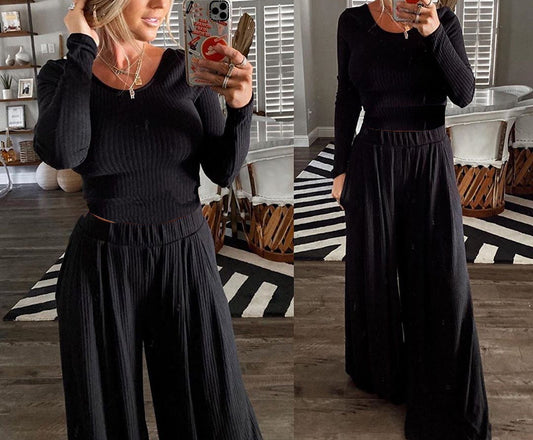 Women's Two-piece Round Neck Long Sleeve Wide Pants