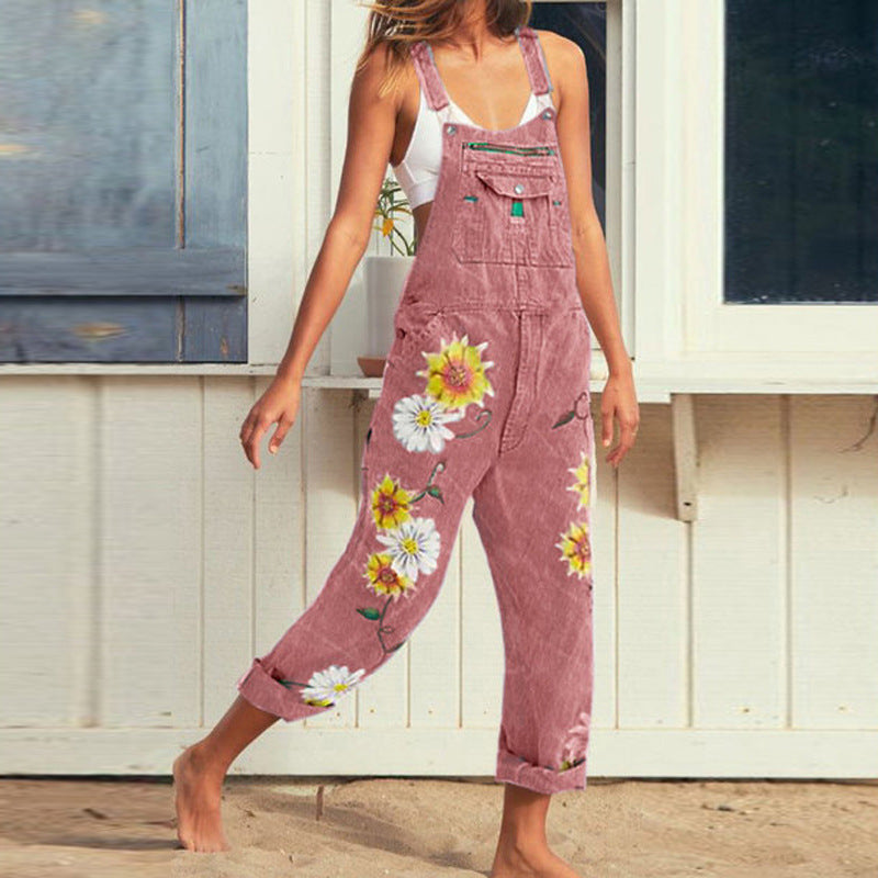 Classic Pencil Printed Sleeveless Suspenders Slimming Jeans