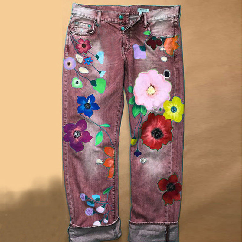 Women's Quality Blockbusters Exquisite Printing Denim Straight Go Out Jeans