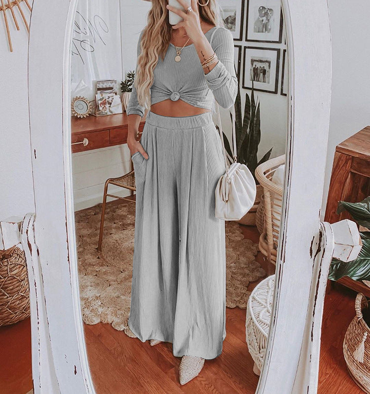 Women's Two-piece Round Neck Long Sleeve Wide Pants
