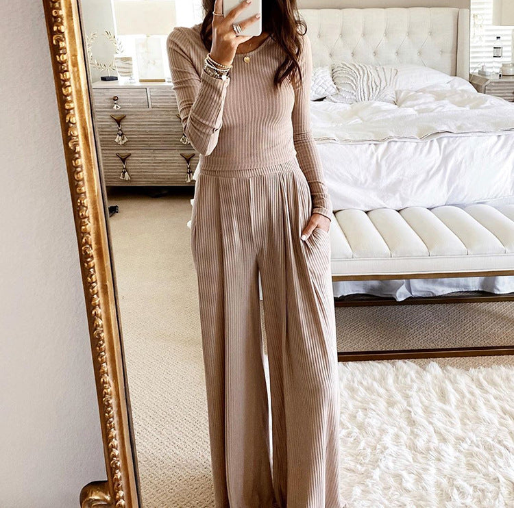 Women's Two-piece Round Neck Long Sleeve Wide Pants