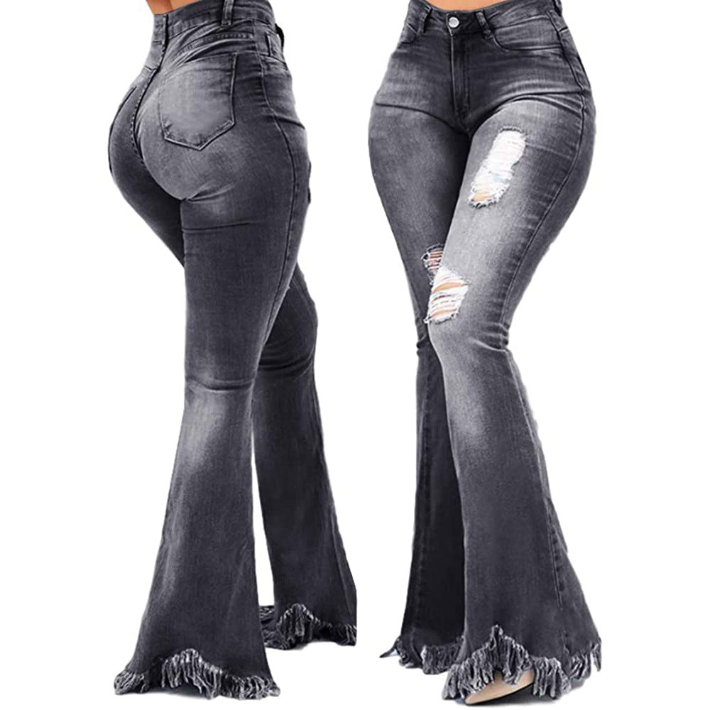 Fashionable Water Washed Hole Denim Bell-bottom Jeans