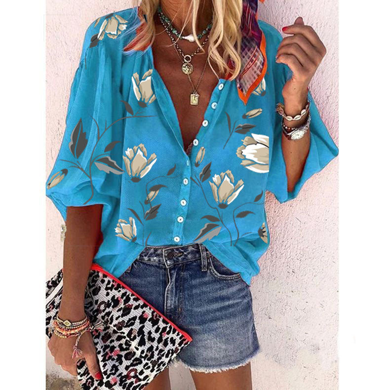 Women's Printed Shirt Stand Collar Loose Casual Blouses