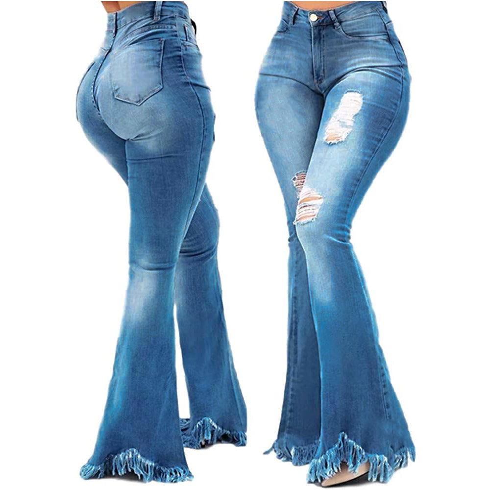 Fashionable Water Washed Hole Denim Bell-bottom Jeans