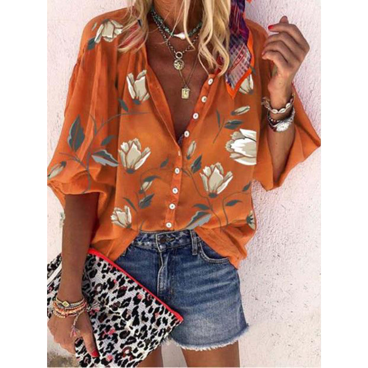 Women's Printed Shirt Stand Collar Loose Casual Blouses