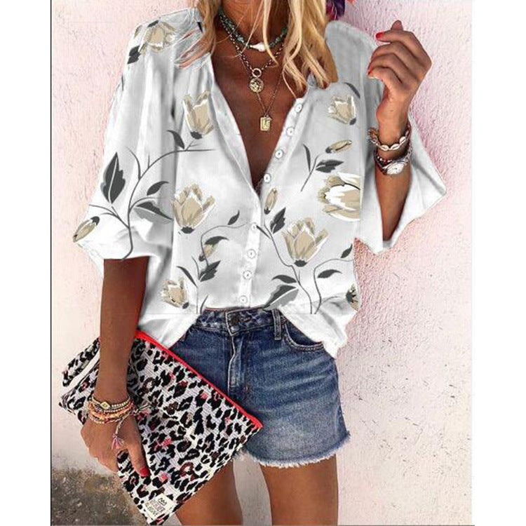 Women's Printed Shirt Stand Collar Loose Casual Blouses