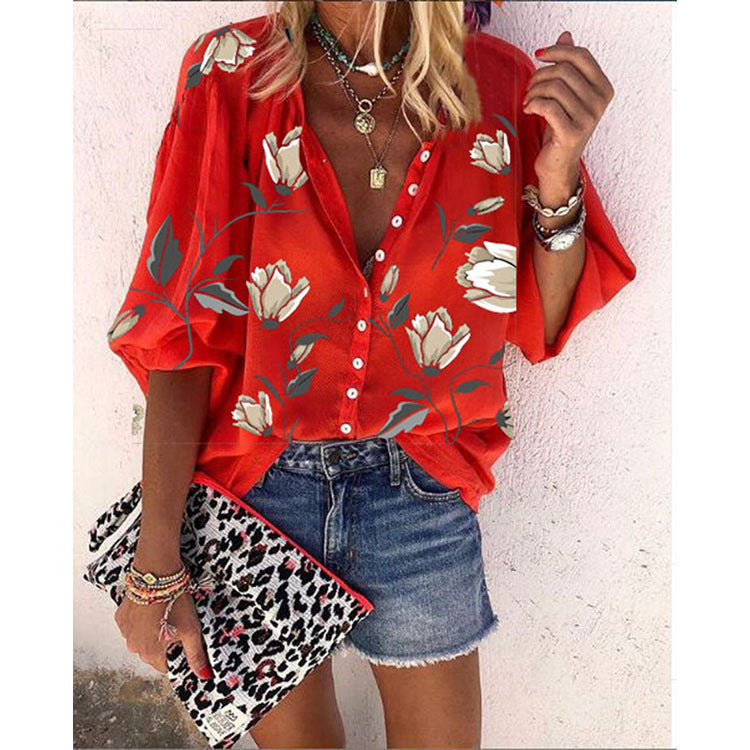 Women's Printed Shirt Stand Collar Loose Casual Blouses