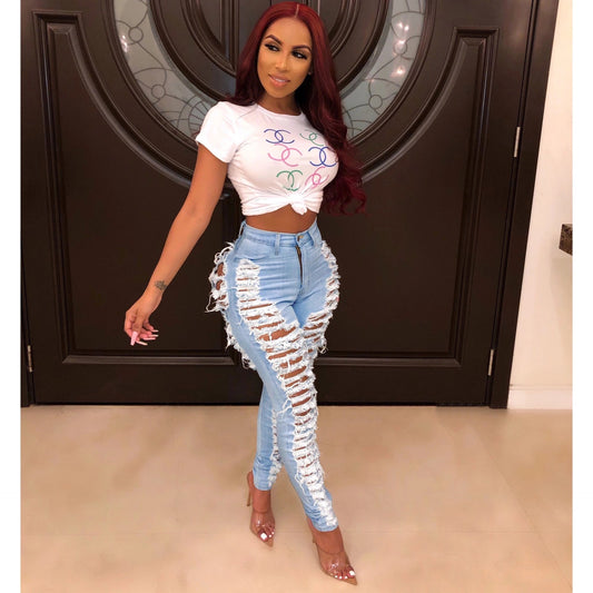 Personalized Ripped Washed Slim Stretch Denim Jeans