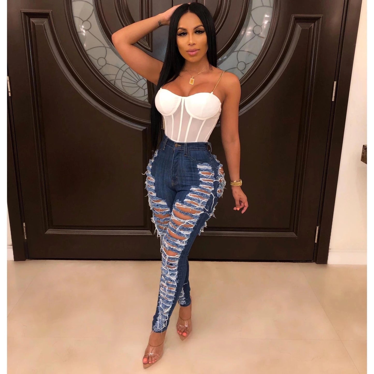 Personalized Ripped Washed Slim Stretch Denim Jeans