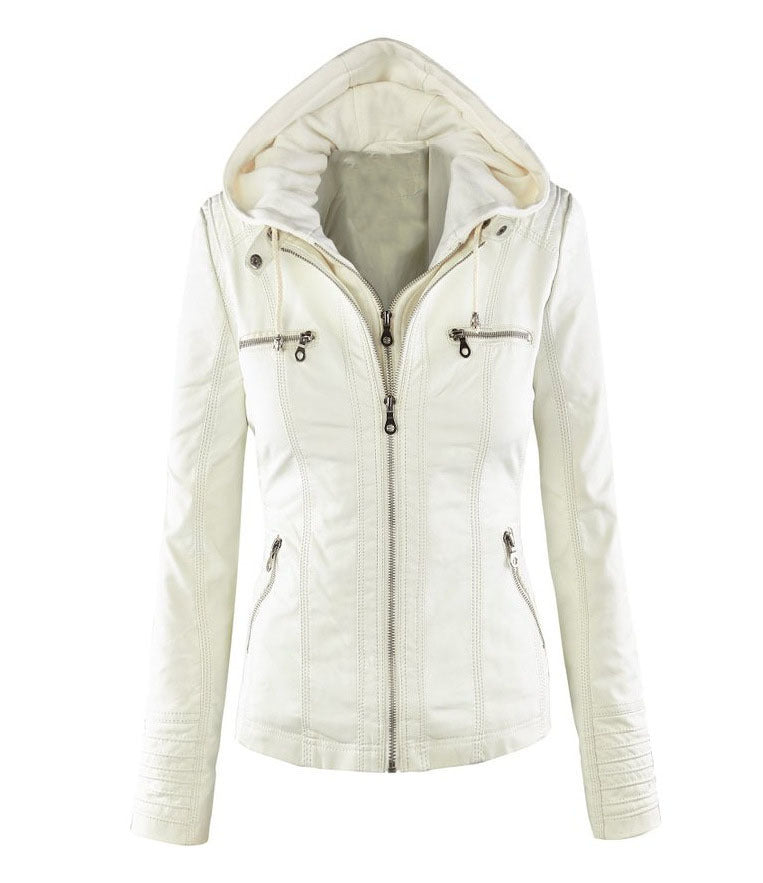 Women's Polo Collar Solid Color Zipper Leather Jackets