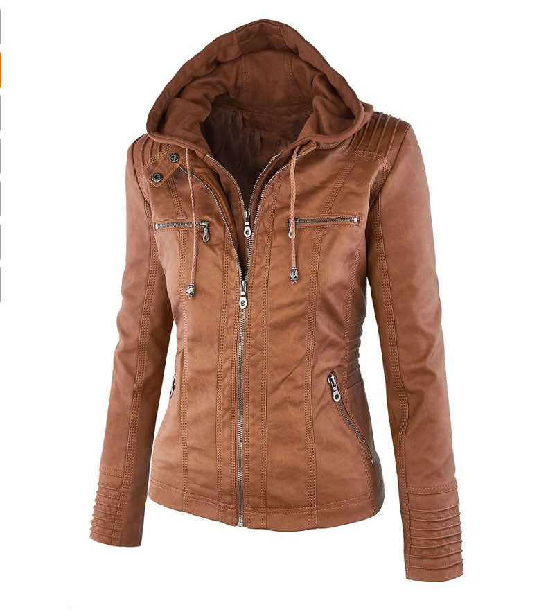 Women's Polo Collar Solid Color Zipper Leather Jackets