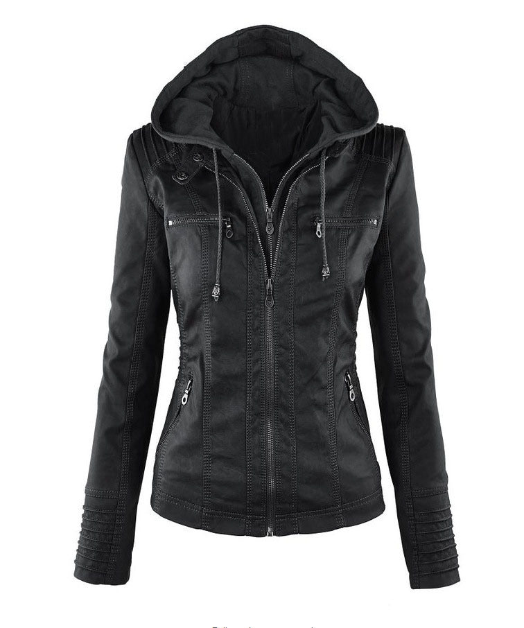 Women's Polo Collar Solid Color Zipper Leather Jackets