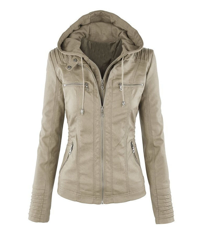 Women's Polo Collar Solid Color Zipper Leather Jackets
