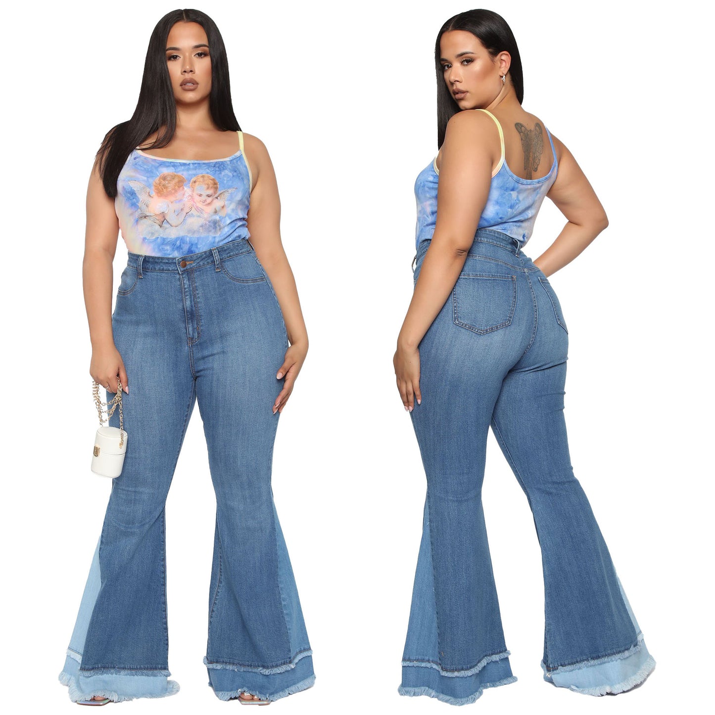 Wide Leg Contrast Color Fit Stretch Jeans