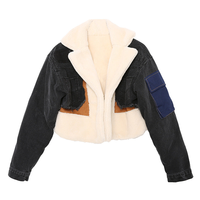 Women's Padded Denim Splicing Winter Lamb Wool Jackets
