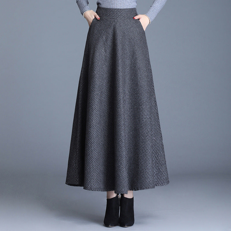 Women's Woolen Printed Checks Large Swing Elastic Skirts